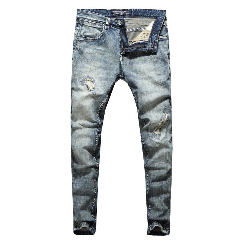 Men's Washed Blue Patch Elastic Straight Leg Jeans