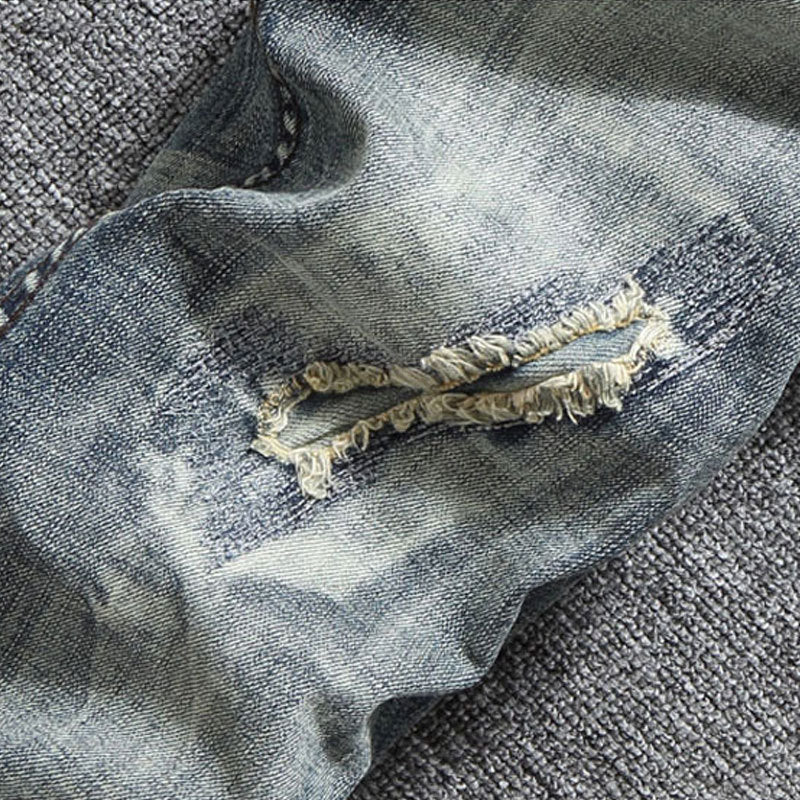 Men's Washed Blue Patch Elastic Straight Leg Jeans