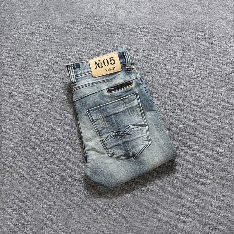 Men's Washed Blue Patch Elastic Straight Leg Jeans