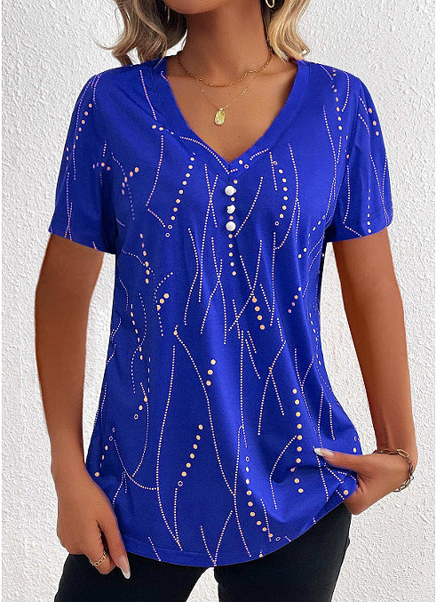 V-neck Summer Leisure Button T-shirt