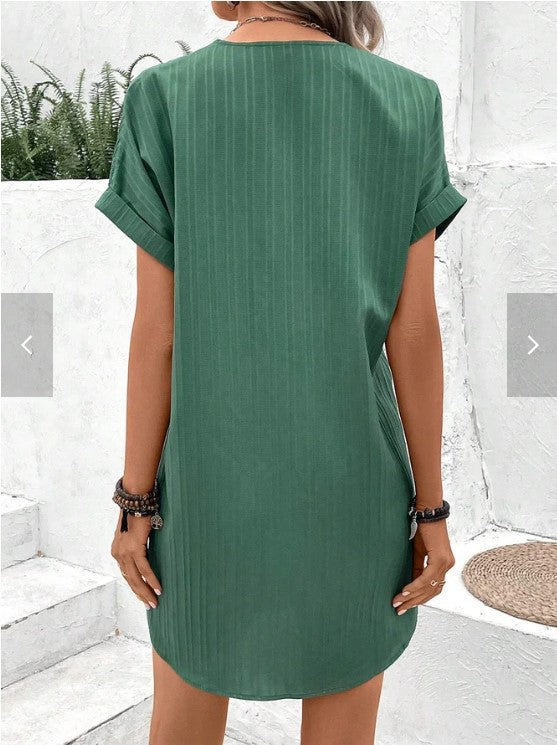 Women's Trendy New V-neck Solid Color Pullover Leisure Button Dress