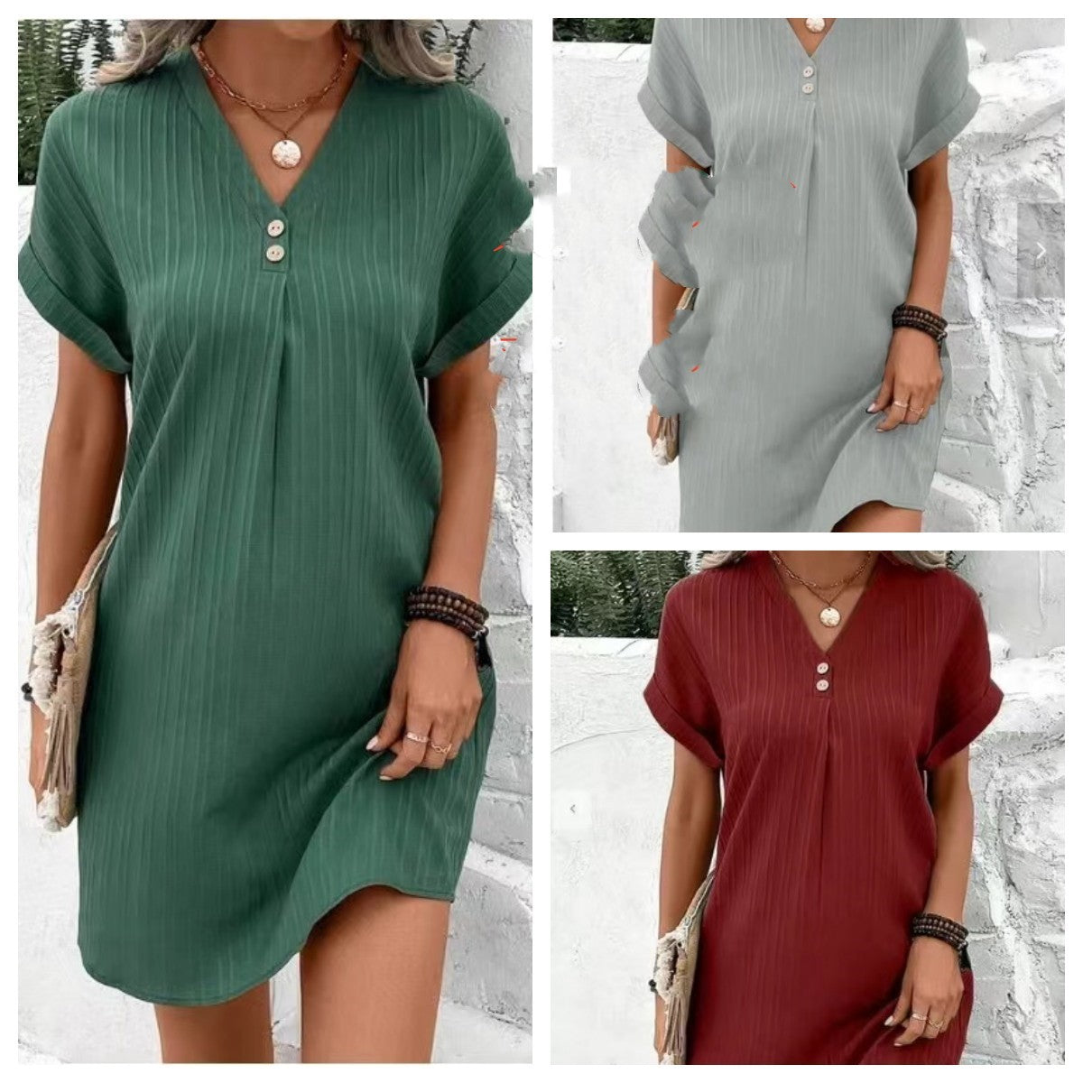 Women's Trendy New V-neck Solid Color Pullover Leisure Button Dress