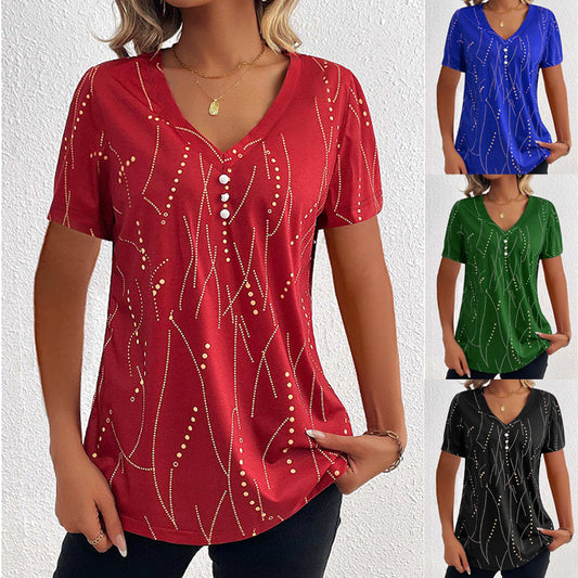 V-neck Summer Leisure Button T-shirt