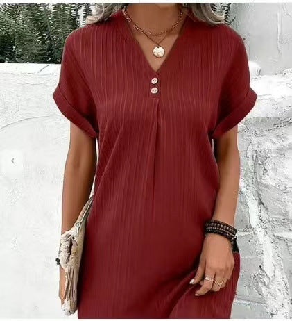 Women's Trendy New V-neck Solid Color Pullover Leisure Button Dress