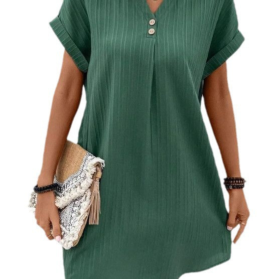 Women's Trendy New V-neck Solid Color Pullover Leisure Button Dress