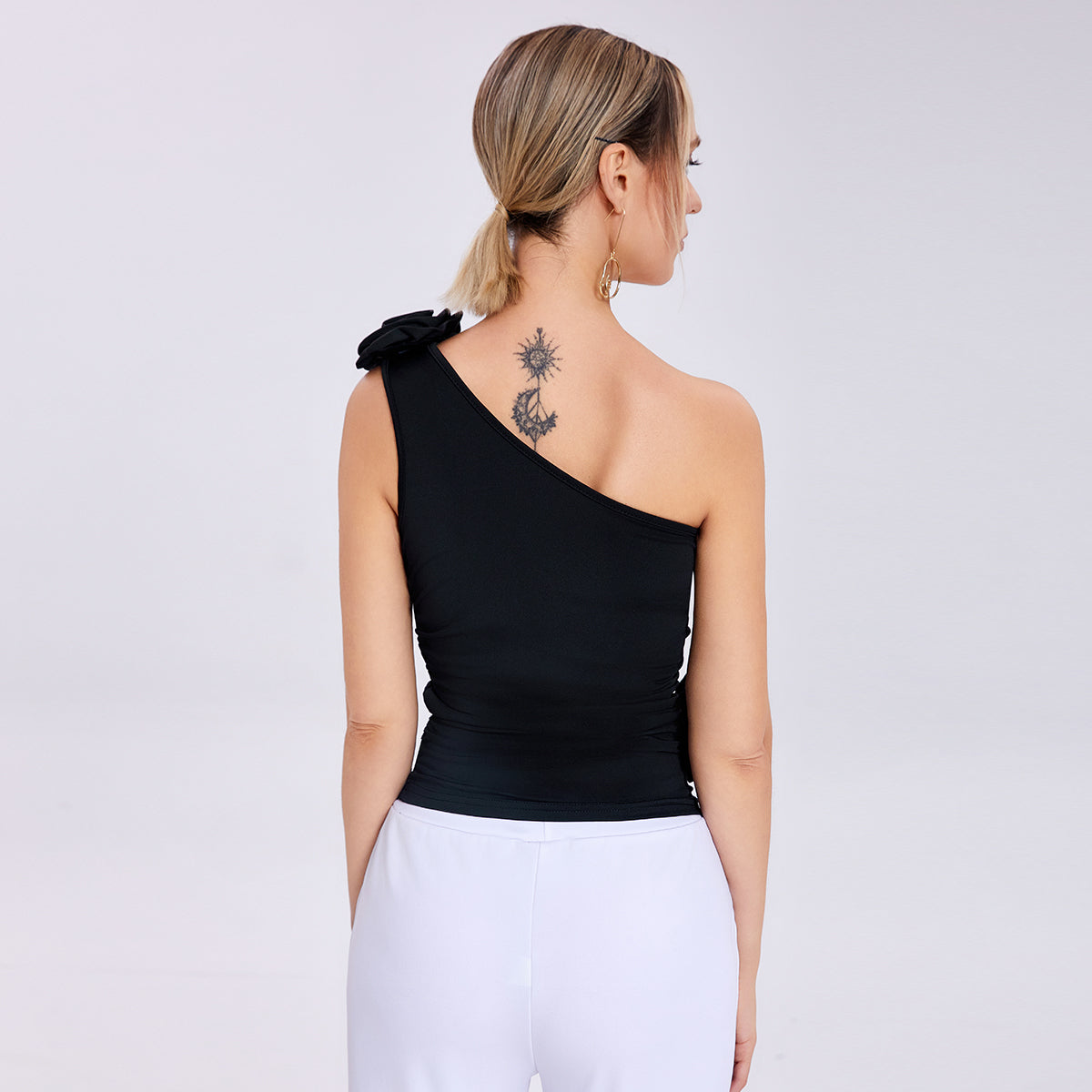 Three-dimensional Rose One-shoulder Pleated Flaperon Vest Top Female