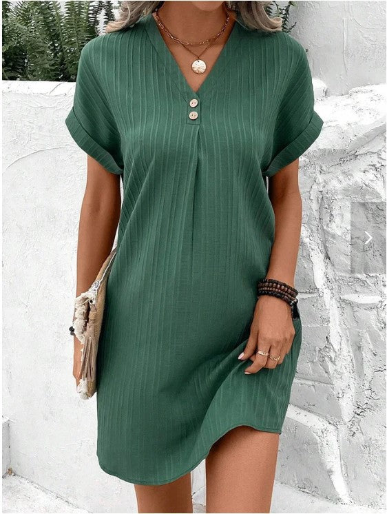 Women's Trendy New V-neck Solid Color Pullover Leisure Button Dress