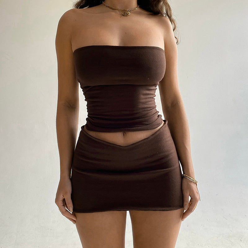 Mid-baring Top Sheath Short Skirt Two-piece Set