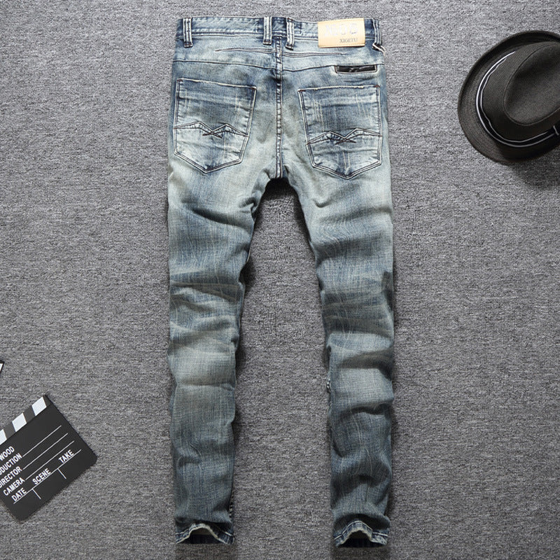 Men's Washed Blue Patch Elastic Straight Leg Jeans